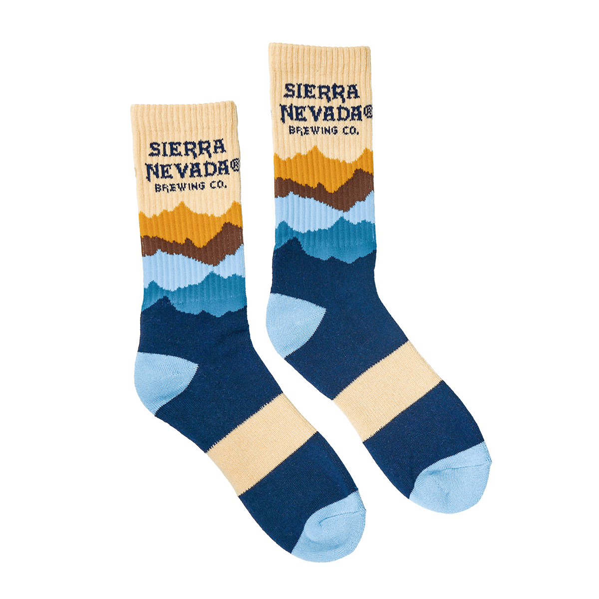 Sierra Nevada multicolor Mountain Range Socks side-by-side showing mountain design