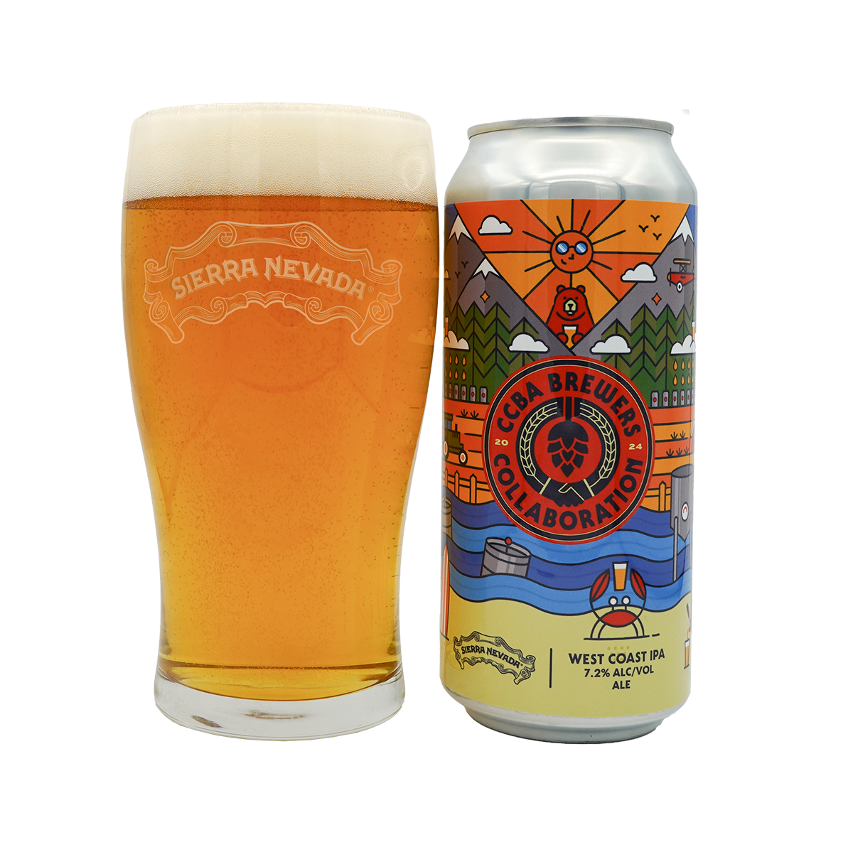 Sierra Nevada Brewing Co. CCBA Collaboration West Coast IPA - single 16oz. can sitting beside a freshly poured pint of beer in a signature pint glass