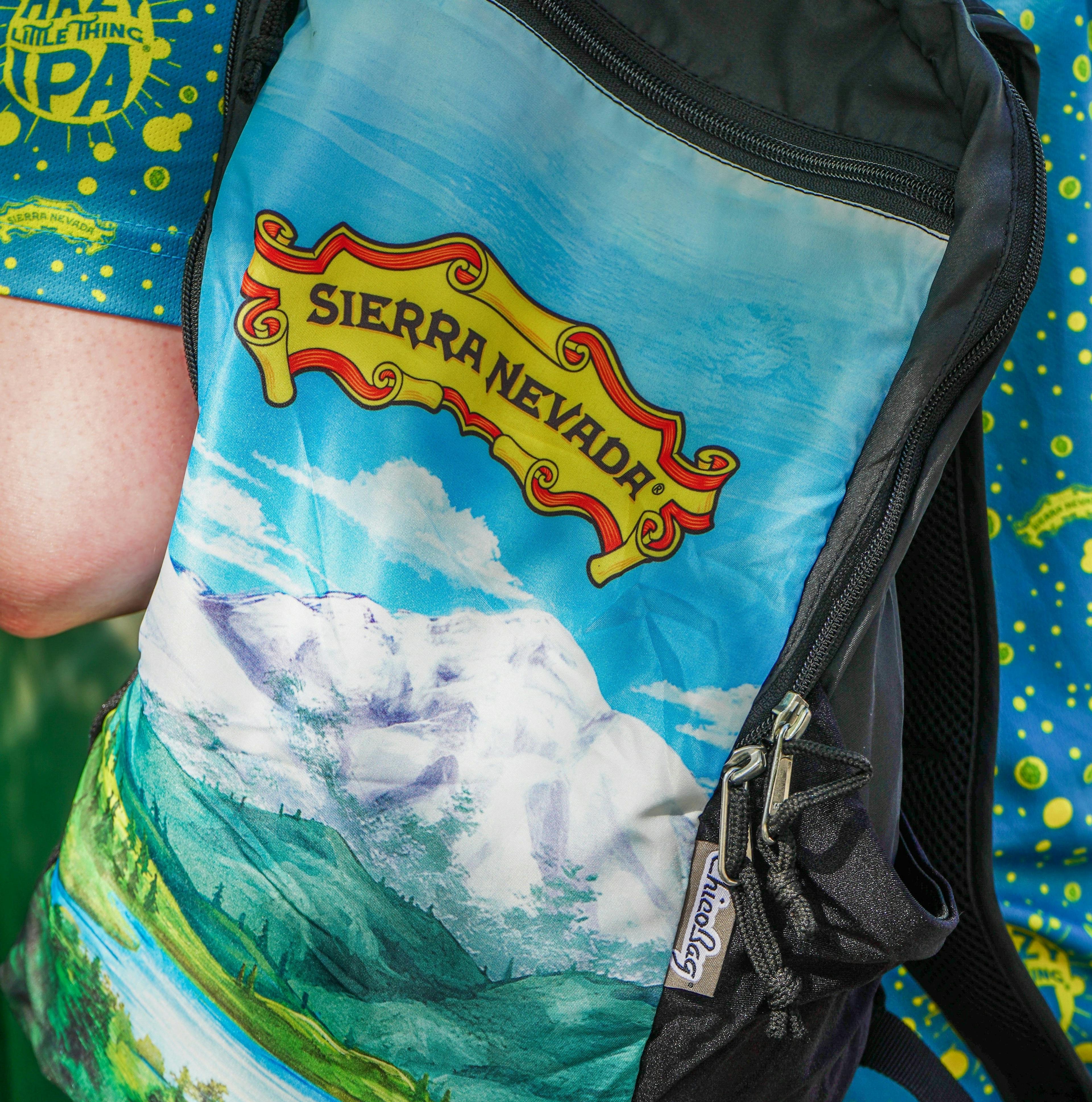 A view of the mountain scene on the Sierra Nevada X ChicoBag travel pack