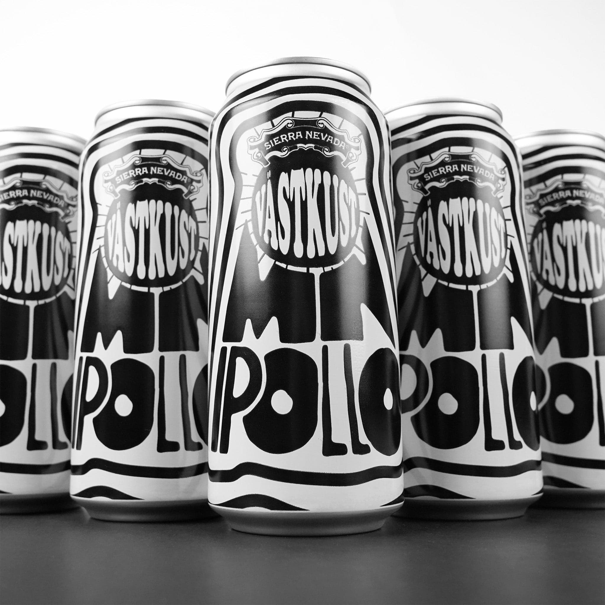 Sierra Nevada X Omnipollo Vastkust IPA 16oz. Cans lined up to show the black and white graphic label